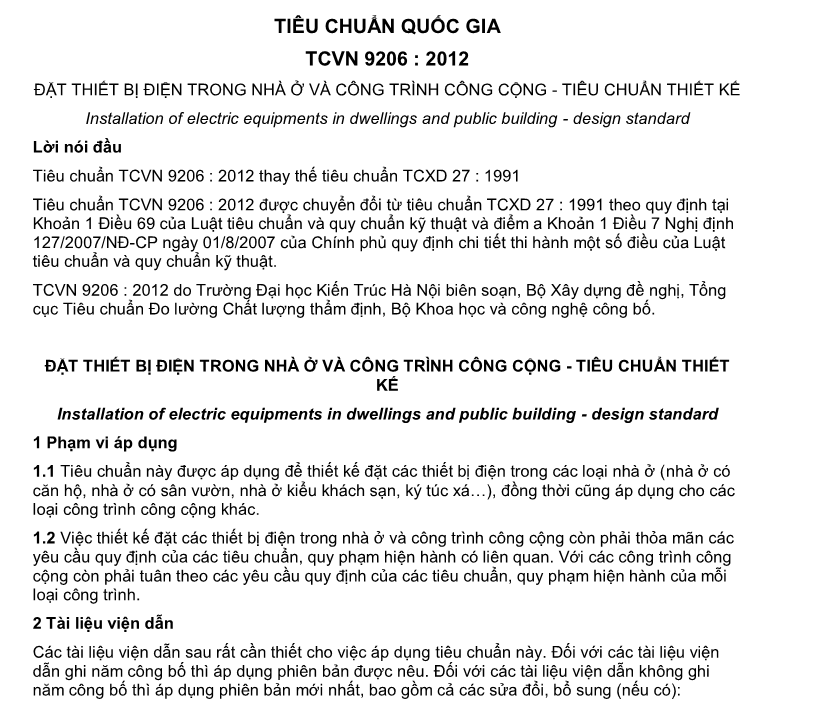 TCVN 9206:2012 | Tiêu chuẩn thiết kế lắp đặt thiết bị điện mới nhất